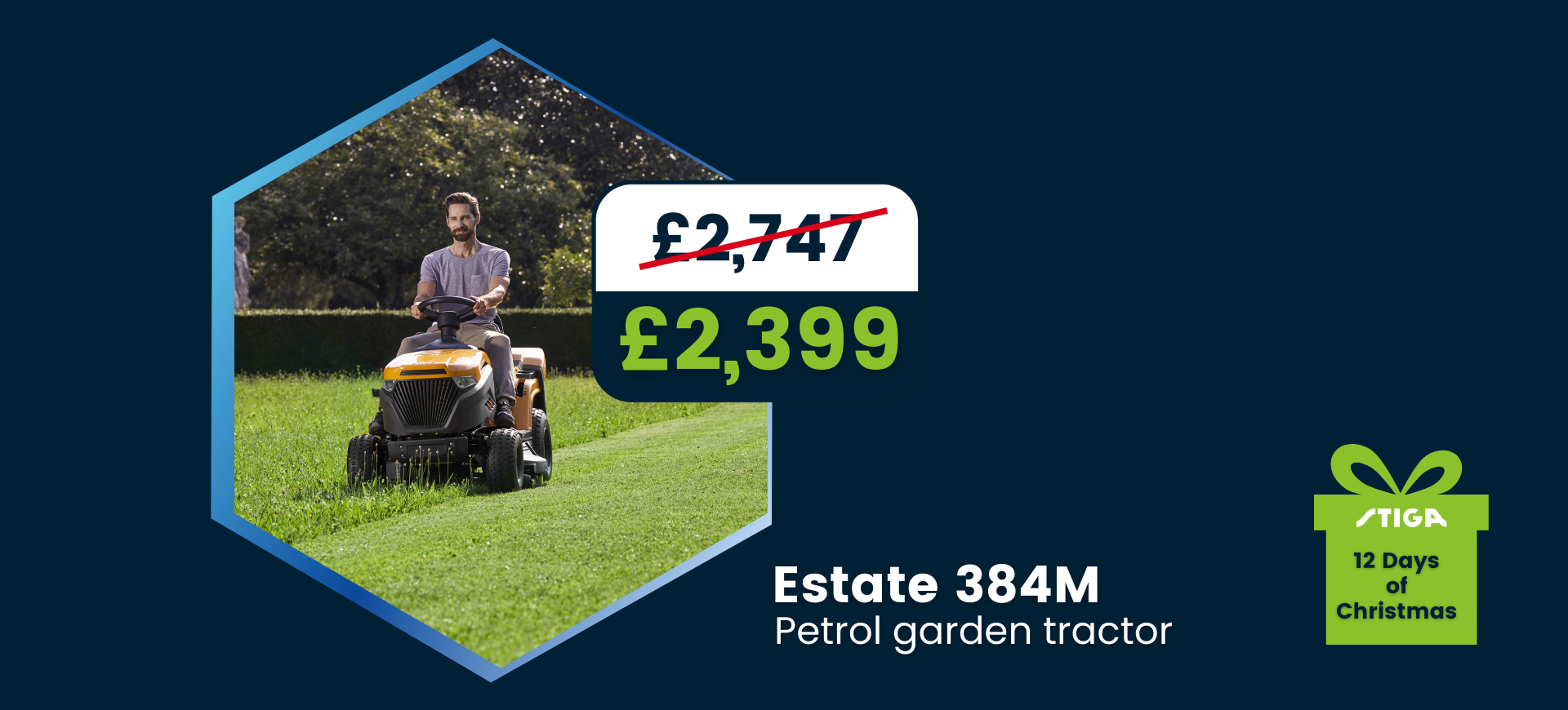 Man  on STIGA Estate ride on mower mowing grass for Christmas sale banner