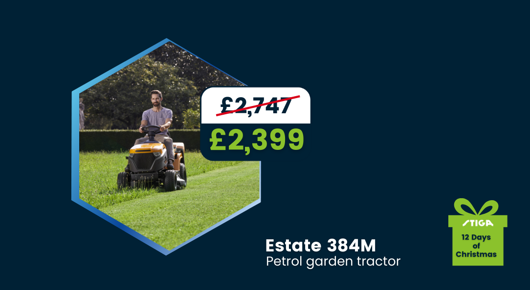 Man  on STIGA Estate ride on mower mowing grass for Christmas sale banner