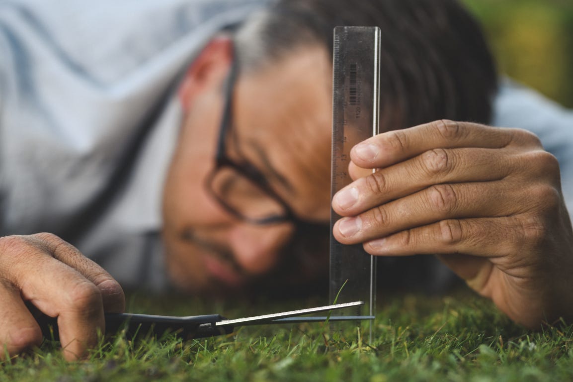 Man with glasses, ruler and scissors cutting the grass Man with glasses, ruler and scissors cutting the grass