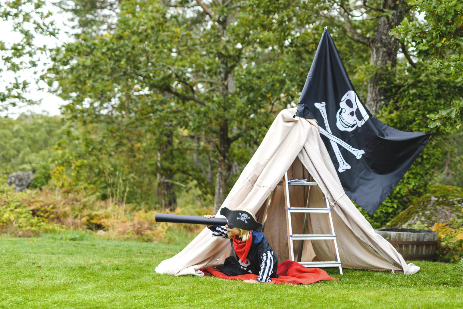 Boy playing pirates in the garden with ladder and skull flag