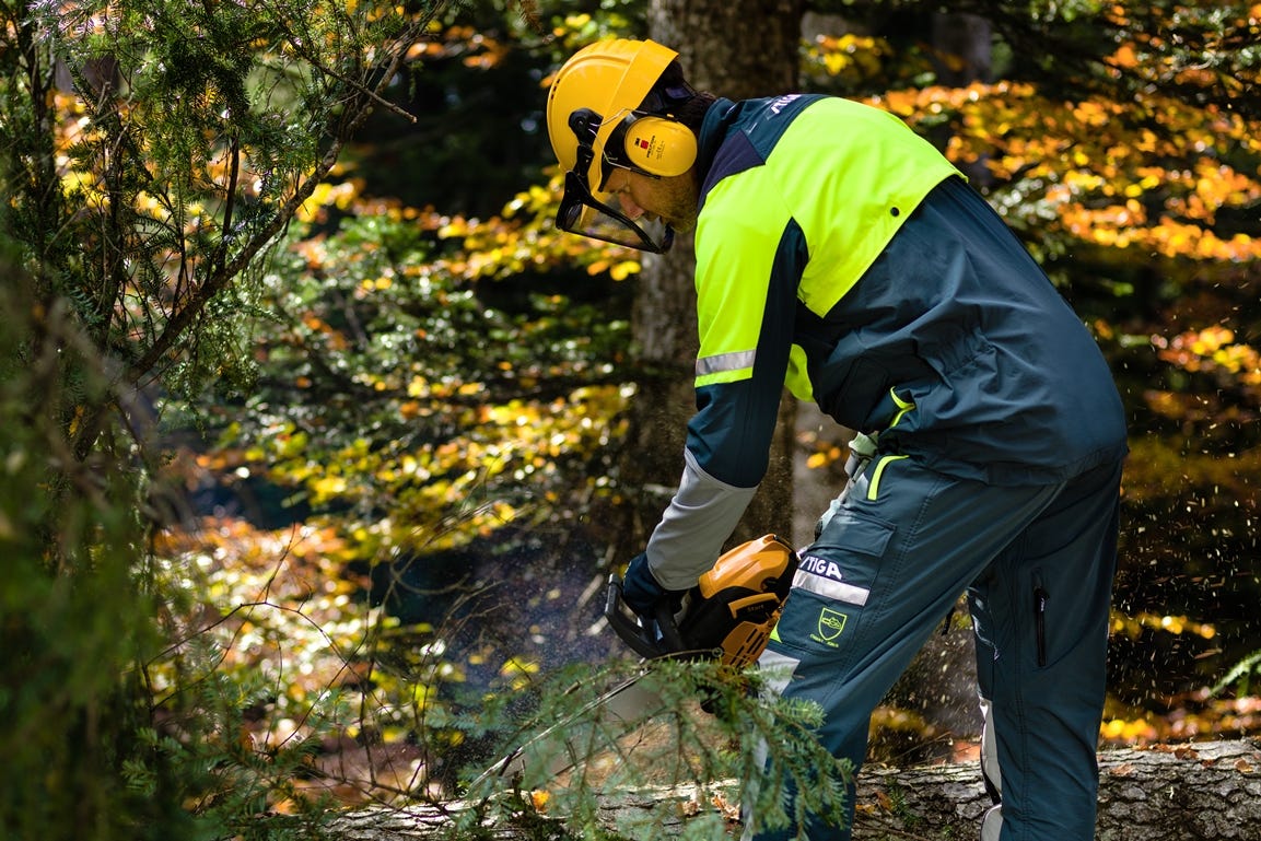 man in bos hout zagen kettingzaag veiligheidskleding