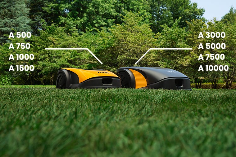 two autonomous robot mowers on the ground with the graphic of the model name on them