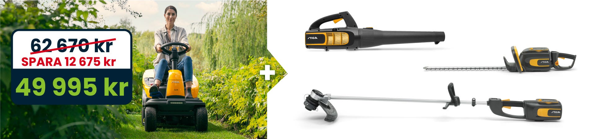 Banner som visar kampanjen. Från vänster till höger, priskampanj, kvinna som sitter på en Swift och de 3 ePower-produkter som ingår i priset.