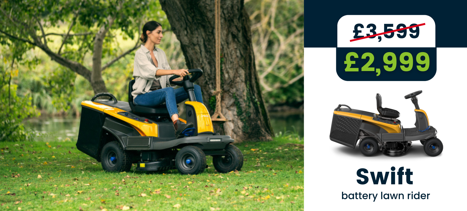 Swift battery lawn rider lady on ride on mower in garden - sale banner showing price as just £2999