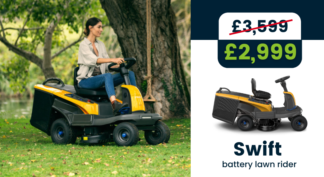 Swift battery lawn rider lady on ride on mower in garden - sale banner showing price as just £2999