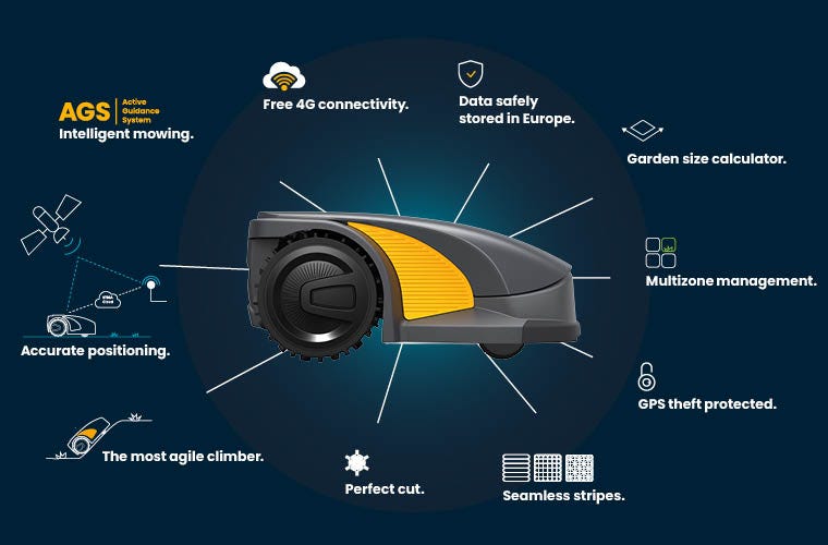 stiga grey robot mower on lawn