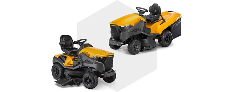 details of the STIGA tractors on a white background and grey hexagons