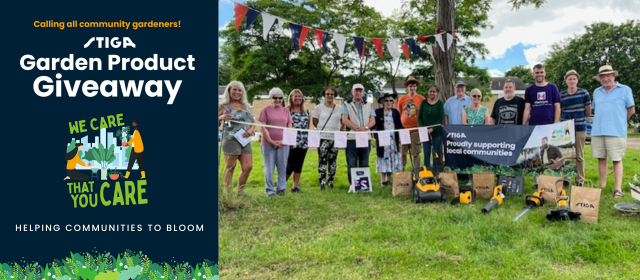 stiga we care that you care campaign banner and a community gardening group with their stiga products